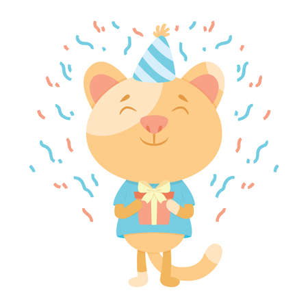 Birthday greeting card with a cat. Cute kitty cat vector illustration. Congratulations on birthday. A cat in a festive cap with present. Postcard backdrop.のイラスト素材