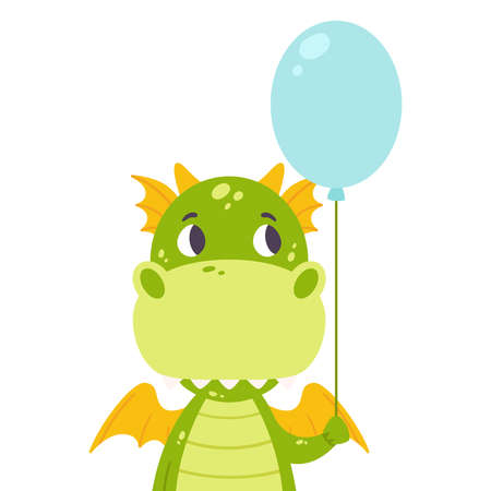 Cute dragon with a baloon. Festive toothy smiling green funny dinosaur with wings. Scandinavian style. Kids wall art. Nursery print. Vector illustration for printing postcard. Dino flat clipart.のイラスト素材