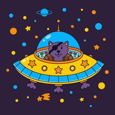Alien cat pirate in a spaceship in a star galaxy. Cute cosmonaut cat in outer space. Vector illustration on the space theme in childish style.のイラスト素材