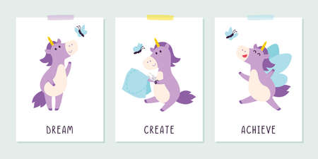 Cute purple unicorn with butterfly in the childish style. Positive inspirational saying for posters and cards. Dream, create, achieve banner, t-shirt print design. Flat vector illustration.のイラスト素材