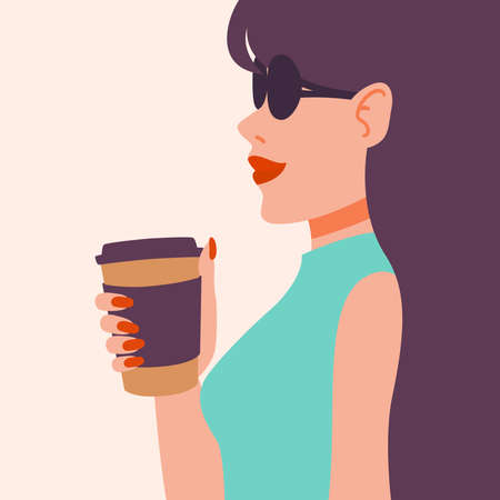 Girl drinking coffee. Beautiful young woman enjoying a drink. Lady with long dark hair in sunglasses, red manicure, red lipstick, cup. Vector illustration. Pop art fashion.のイラスト素材