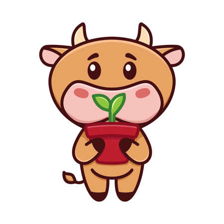 Cute little bull is holding a pot of sprout. The cow is gardening. Vector illustration. Funny logo. Cute childish picture with little bull, cow, taurus, calf character. Symbol of 2021.のイラスト素材