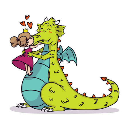 Little princess kisses a dragon in the nose. Fairy tale children illustration. Happy Valentine's day Card.のイラスト素材