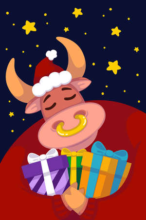 Bull in a santa hat and a red sweater with gifts against the background of the starry sky. Year of the ox. Happy Cow. New year and merry christmas illustration. Chinese zodiac symbol of the year 2021.のイラスト素材