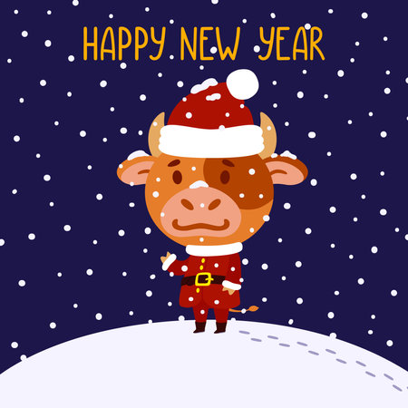 Cute little bull in santa claus costume. Ox symbol of the Chinese New Year 2021. Merry Christmas and Happy new year greeting card, poster design. Vector illustration isolated background.のイラスト素材