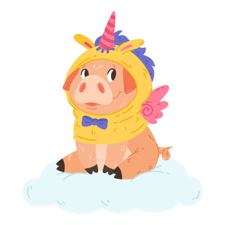 Cute pig in unicorn costume with horn and wings sitting on the cloud. Vector colorful design character illustration for print greeting postal cards and nursery.のイラスト素材
