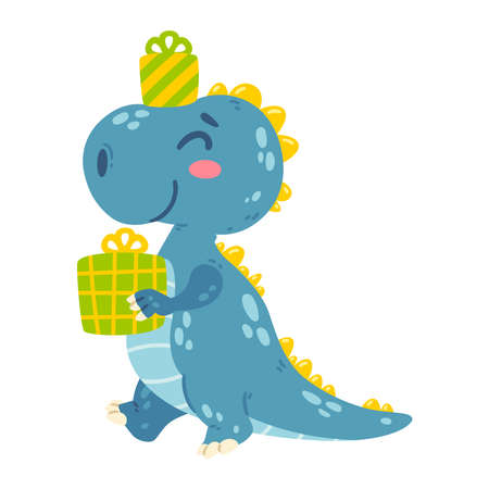 Cute little dinosaur carries gifts. Dragon goes to the happy birthday party with presents. Character for the design of posters, postcards, clothing. Picture for kid. Isolated vector illustration.のイラスト素材