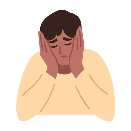 Man is having a headache. Boy feels anxiety and depression. Psychological health concept. Nervous, apathy, sadness, sorrow, unhappy, desperate, migraine. Flat vector illustration.のイラスト素材