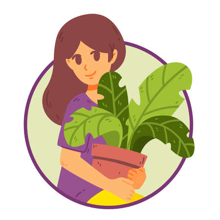 Girl caring houseplants. Daily life and everyday routine scene by a young woman. Cultivating potted plants. Female character enjoying her hobby. Vector illustration isolated on white background.のイラスト素材