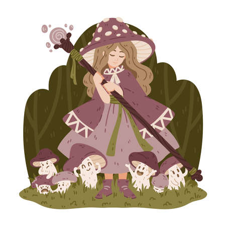 Mushroom witch, with a magic staff, a cape and a fly agaric hat.   Halloween drawing for poster, cards and more. Vector illustration isolated on white background.のイラスト素材