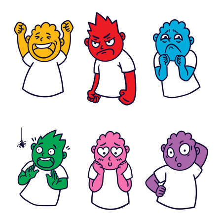 Round abstract face with different emotions. Happy, angry, questioning, scared, sorrow, falling in love emoji avatar. Cartoon style. Flat design vector illustration.のイラスト素材