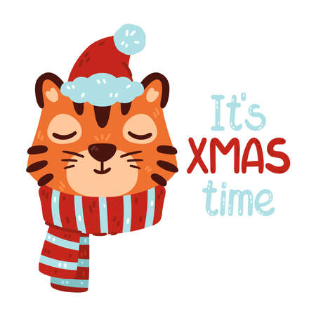 Tiger with santa hat and warm striped scarf. Portrait of chinese zodiac animal. It's xmas time lettering. Symbol of the new year 2022. Isolated vector illustration. Portrait of winter ginger cat.のイラスト素材