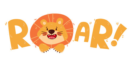 Design print of a cute funny lion. Nursery print with wild cat and lettering quote roar. Vector illustration isolated on white background. For birthday invitation, baby shower, card, poster, clothing.のイラスト素材