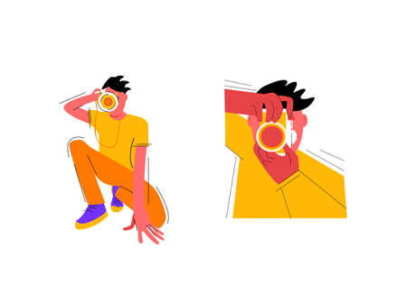 Yang man shoots you vector illustration. Photographer at workspace isolated cartoon character. Travel, vacations, professional freelance work, leisure, hobby and active lifestyle conceptのイラスト素材