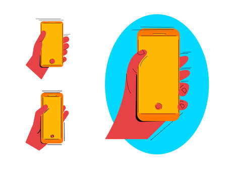 Hand holding phone flat icon. Smartphone mockup.
