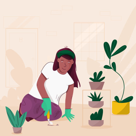 Woman planting gardens flowers cartoon character. Flat vector illustration.のイラスト素材