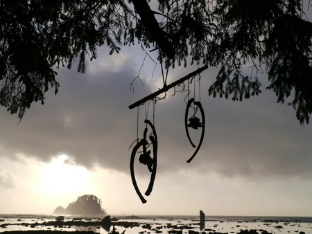 Deer bone mobile foreground; ocean sunsetの写真素材