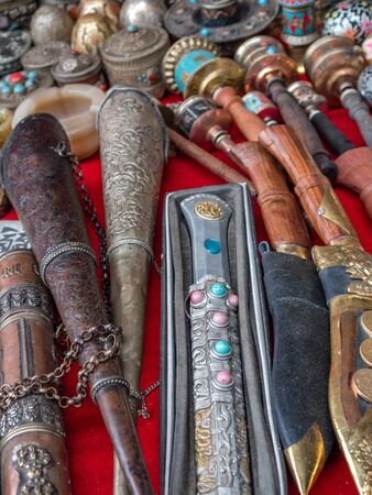 Khukuri knives and assorted other souvenirs in Nepalの写真素材