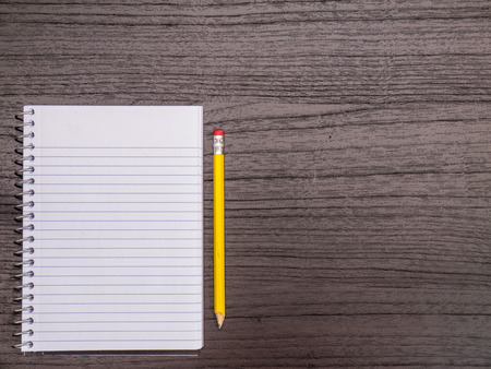 Wood Desktop, Spiral Notebook, Pencil on Deskの写真素材