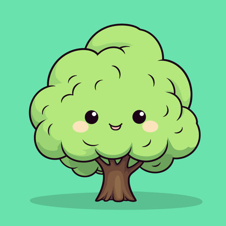 Cute cartoon tree. Vector illustration. Isolated on green background.のイラスト素材