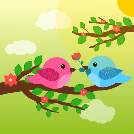 cute birds are sitting on a flowering branch. Spring.のイラスト素材