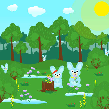 cute bunnies on the edge of the forest. Spring, snowdropsのイラスト素材