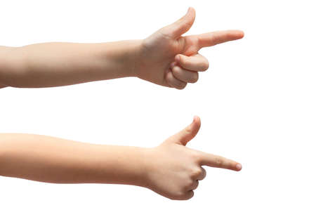 Childs hand shows a sign one on a white backgroundの写真素材