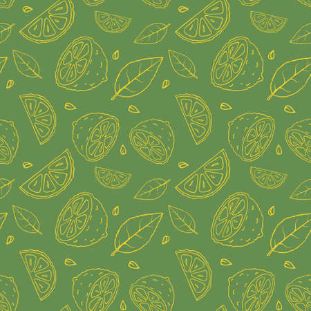 Seamless olive green pattern with doodles of yellow sliced lemons and leavesのイラスト素材