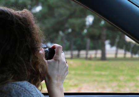 Woman photographing natureの写真素材