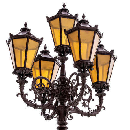 Old-fashined street lantern with five lamps, decorated with floral composition.の写真素材