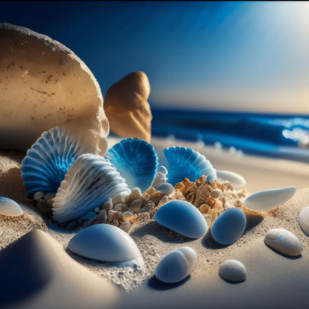 Seashells on the sandy beach with blue sea and sky backgroundの素材