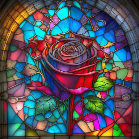 Stained glass window with a rose in the foreground, stained glass effectの素材
