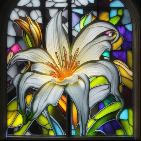 Stained glass window depicting a lily flower in a church.の素材
