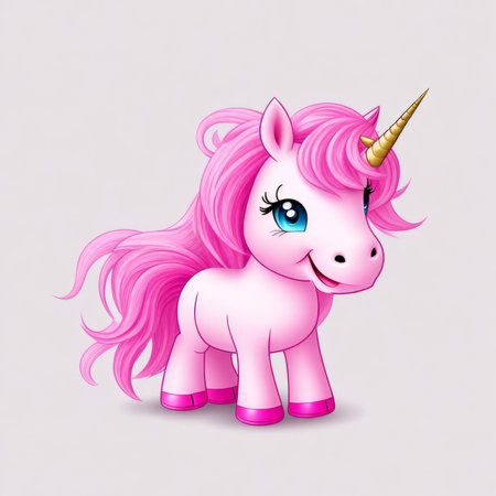 Cute cartoon unicorn with pink hair on a gray background. vector illustration.の素材