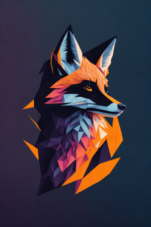 Illustration of a fox head in low poly style on dark backgroundの素材