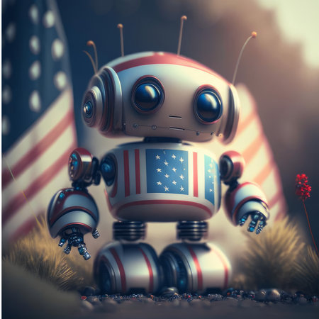 3d rendering robot with american flag in the background. 3d illustration.の素材