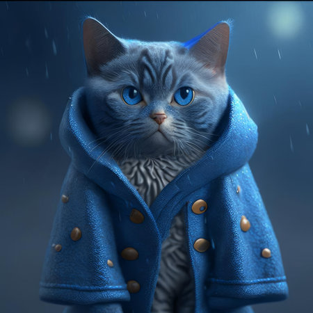 Blue cat in a blue coat with a blue scarf in the rainの素材