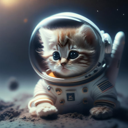 Cute little kitten in astronaut suit with space background. vintage style.の素材