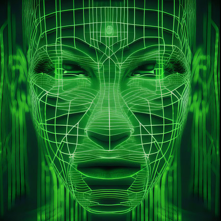 3D rendering of a female robot face with green and white backgroundの素材