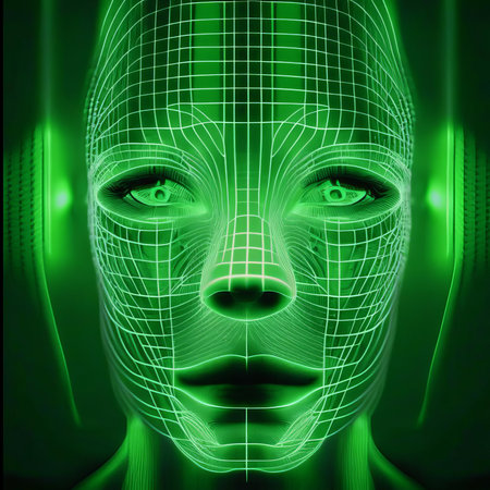 Digital Illustration of a Female Cyborg Face in Futuristic Technology Styleの素材