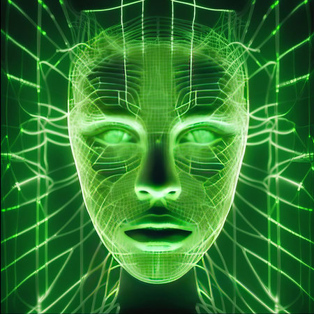 Digital Illustration of a Female Face with Wireframe in Green Backgroundの素材