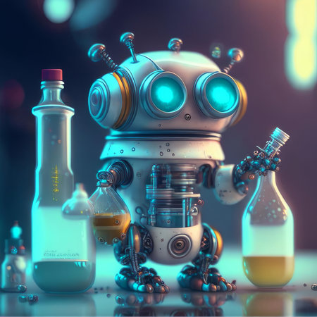 3d rendering robot with magic potion in flask on dark background.の素材