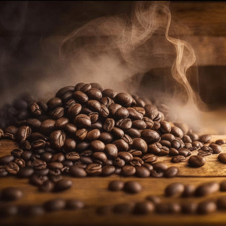 roasted coffee beans on a wooden table with smoke in the backgroundの素材