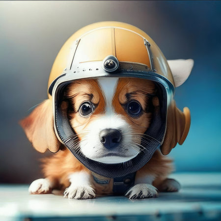 Cute dog wearing a helmet. Puppy in a helmet.の素材