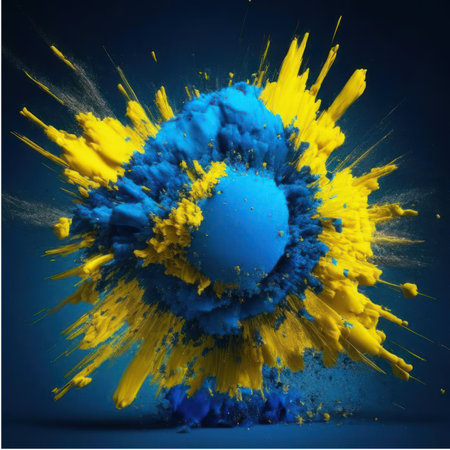 Abstract explosion of yellow paint on a blue background. 3D renderingの素材