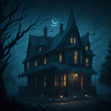 Halloween background with haunted house and full moon. Halloween concept.の素材