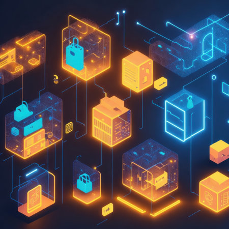 Abstract 3d isometric background with glowing boxes and neon lights. vector illustration.の素材