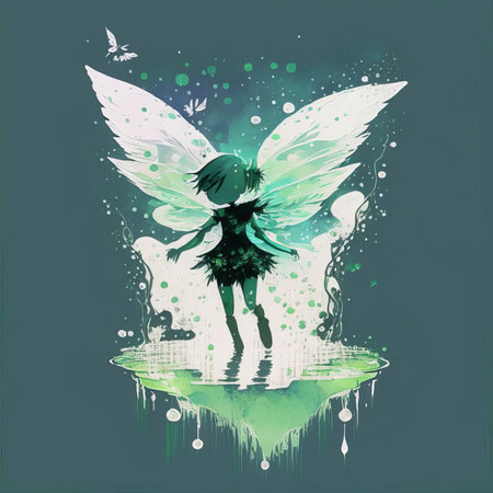 Illustration of a fairy with wings and water splashes on a green backgroundの素材