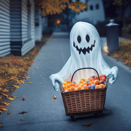 Halloween ghost with a basket of candies on the street.の素材