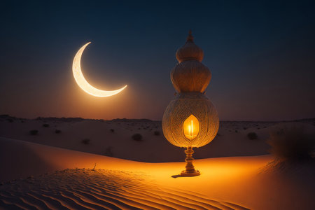 Lantern in the desert at sunset. Ramadan Kareem background. AI generatedの素材